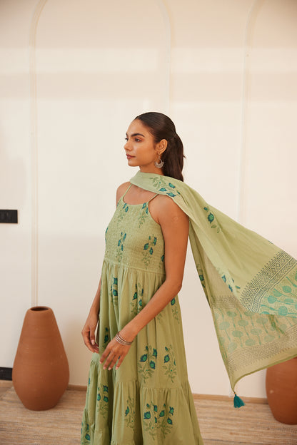 Pista Gul Handblock Printed Dress with Pajama & Dupatta