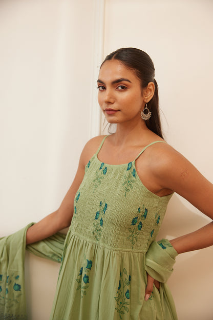 Pista Gul Handblock Printed Dress with Pajama & Dupatta
