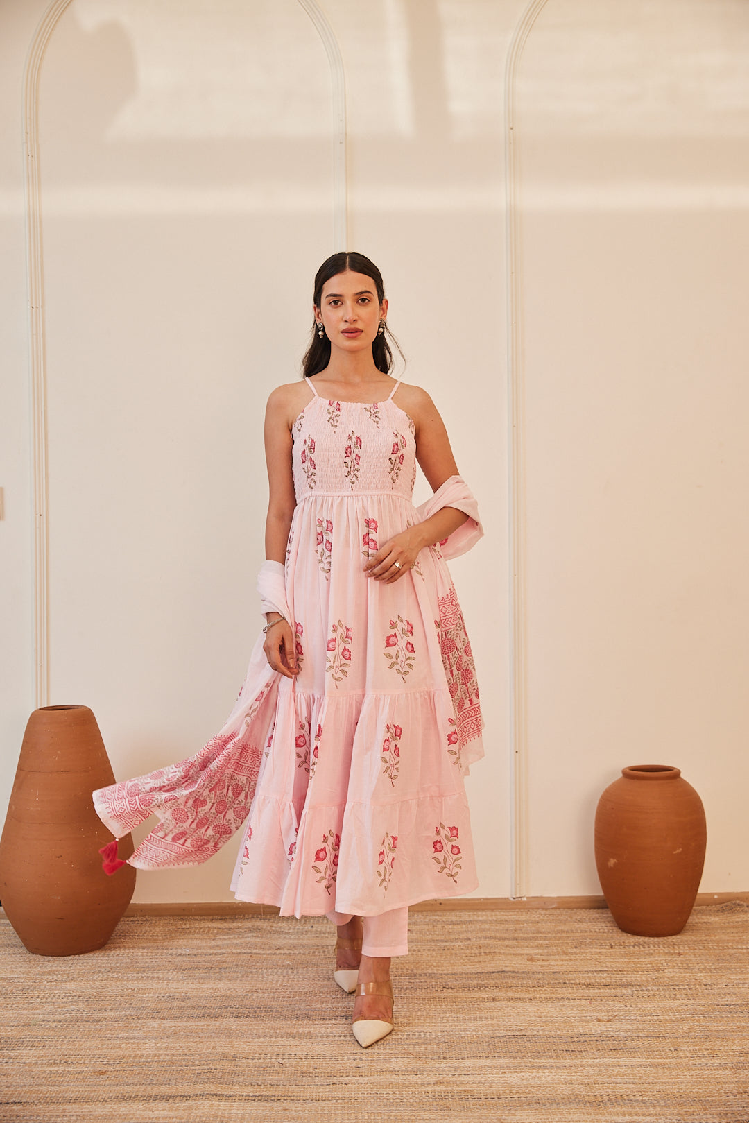 Gulabi Kamal Handblock Printed Dress with Pajama & Dupatta