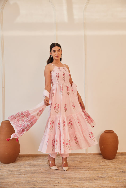 Gulabi Kamal Handblock Printed Dress with Pajama & Dupatta