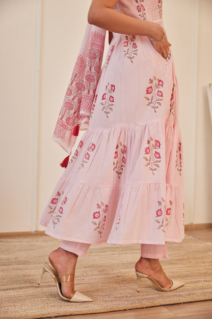 Gulabi Kamal Handblock Printed Dress with Pajama & Dupatta