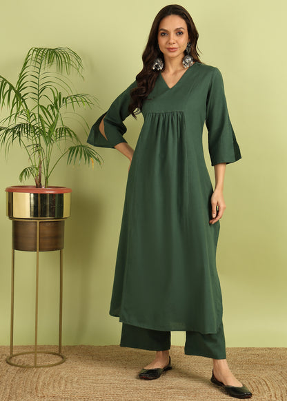 Olive Green Solid Kurta with Palazzo