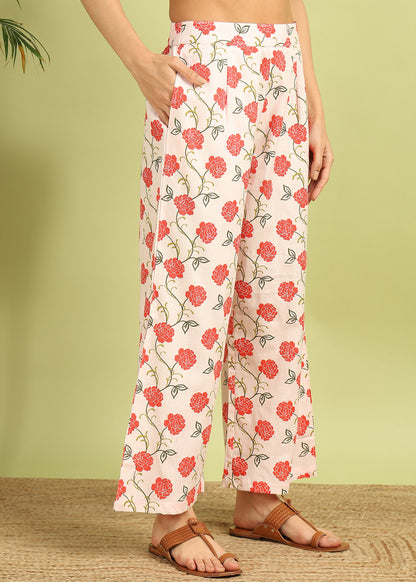 White and Pink Floral Kurta with Palazzo