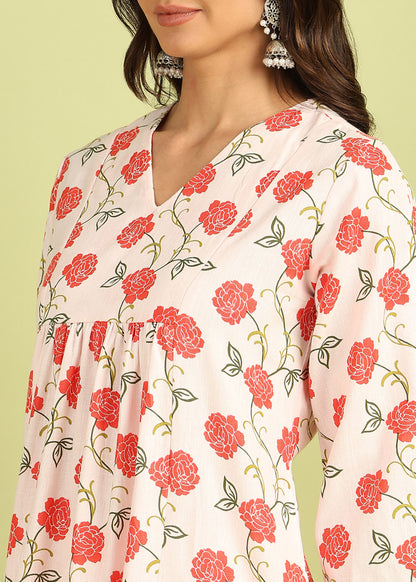 White and Pink Floral Kurta with Palazzo