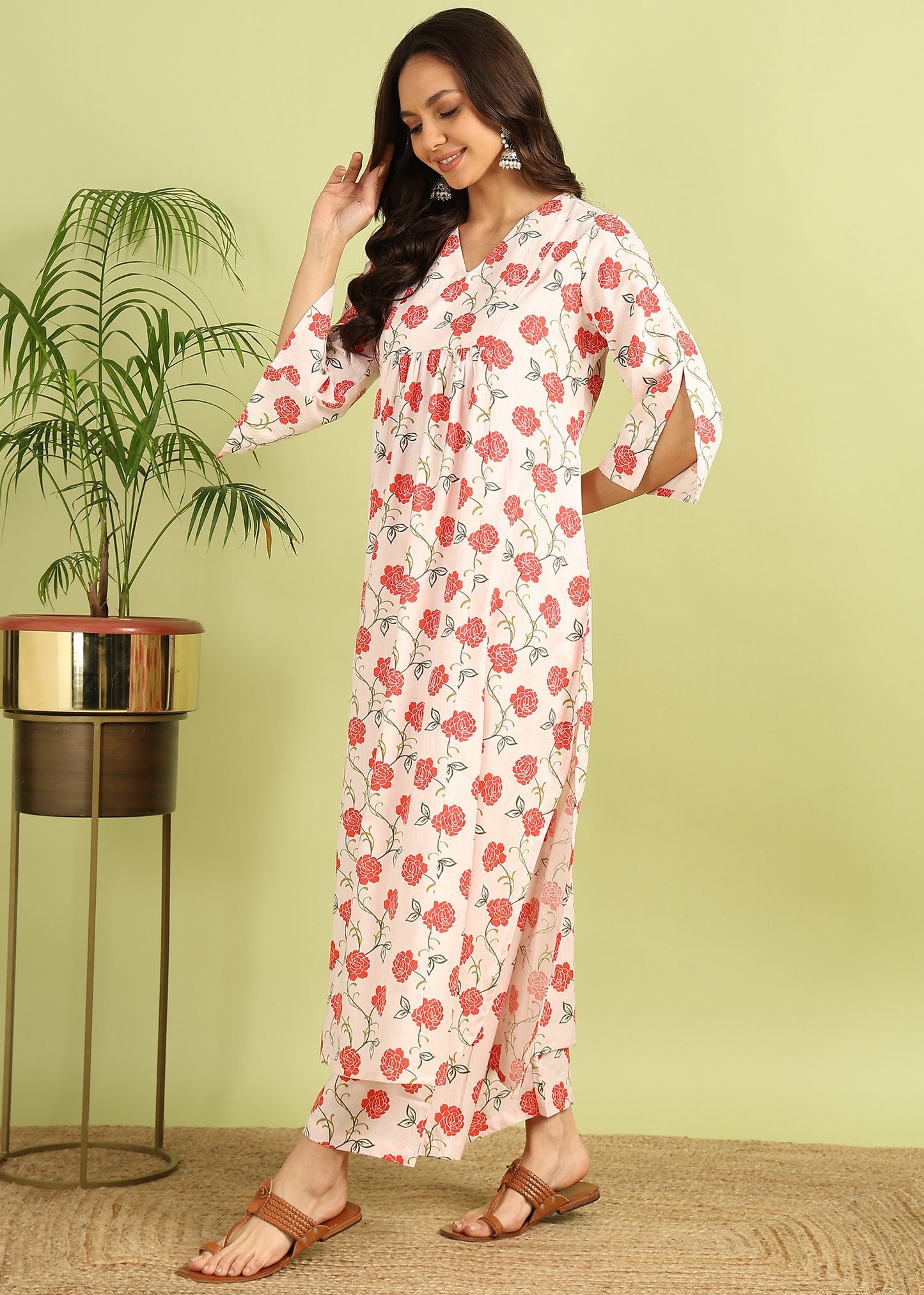 White and Pink Floral Kurta with Palazzo
