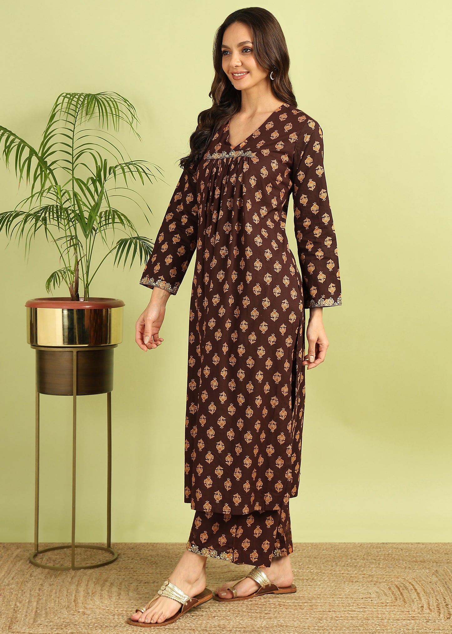 Coffee Brown printed Kurta with Palazzo