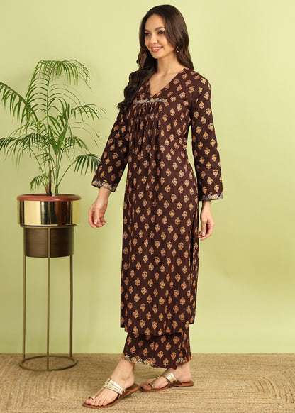 Coffee Brown printed Kurta with Palazzo