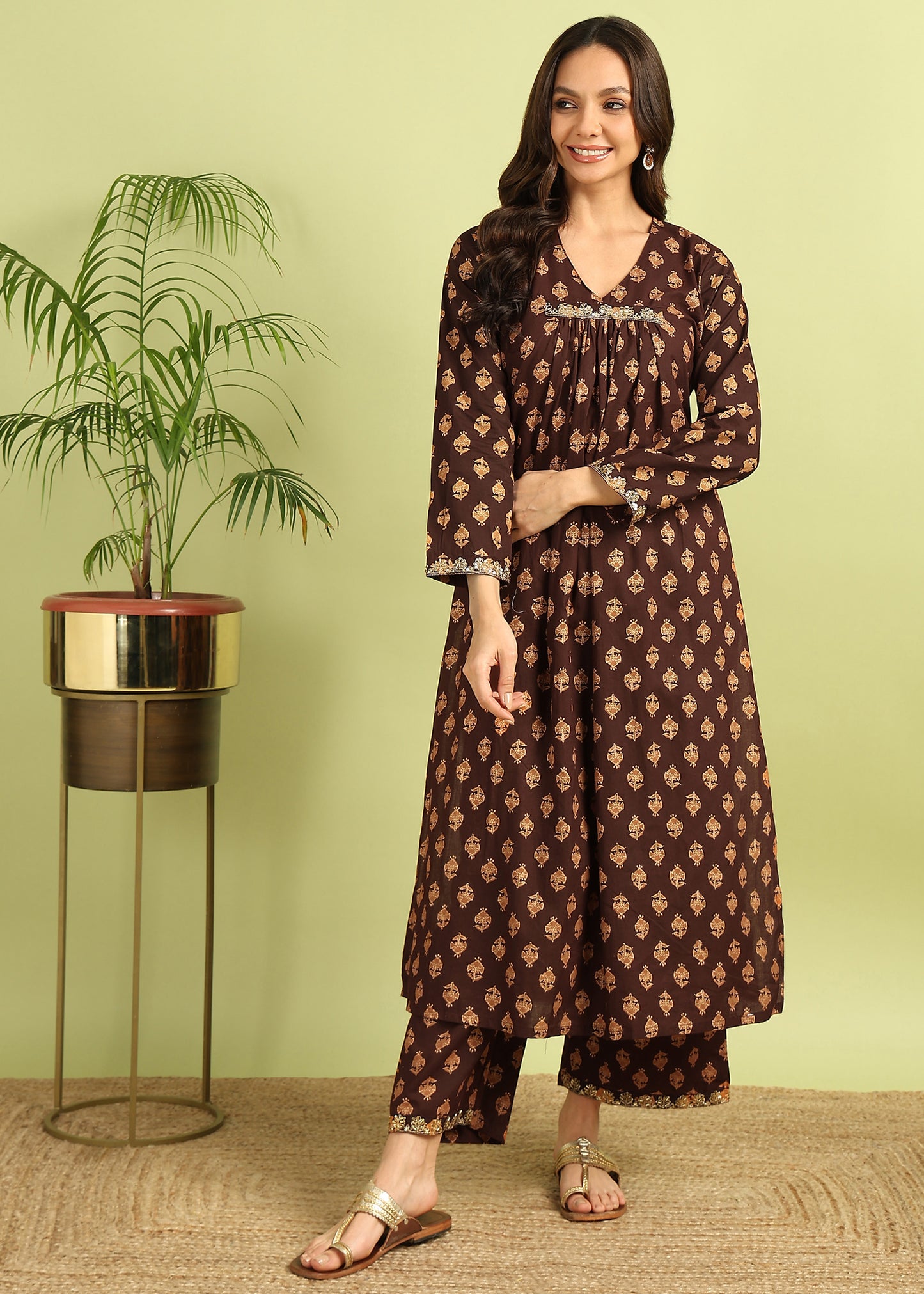 Coffee Brown printed Kurta with Palazzo