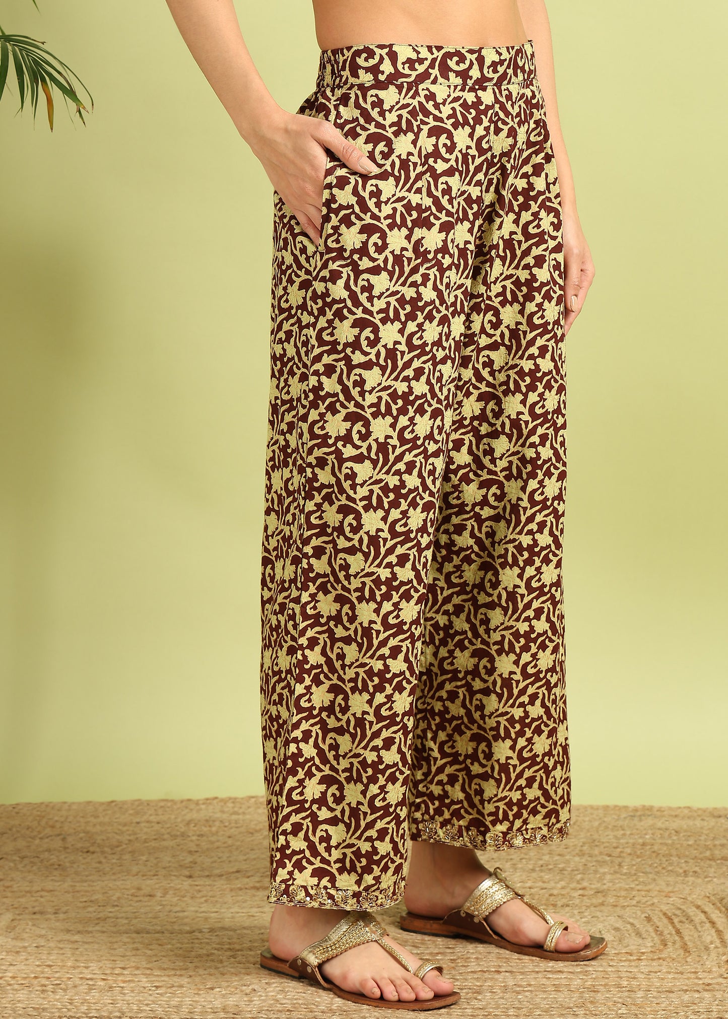 Brown & Yellow Printed Kurta with Palazzo