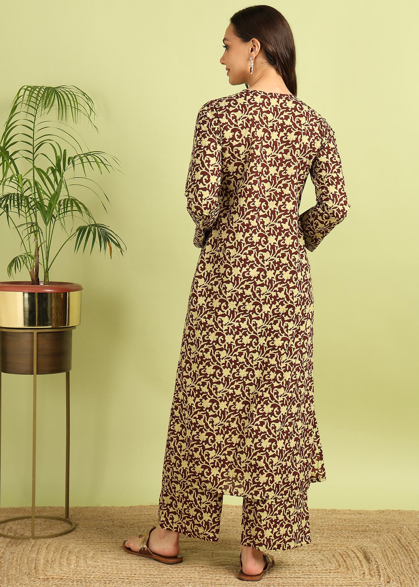 Brown & Yellow Printed Kurta with Palazzo