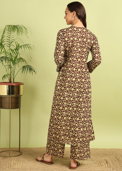 Brown & Yellow Printed Kurta with Palazzo