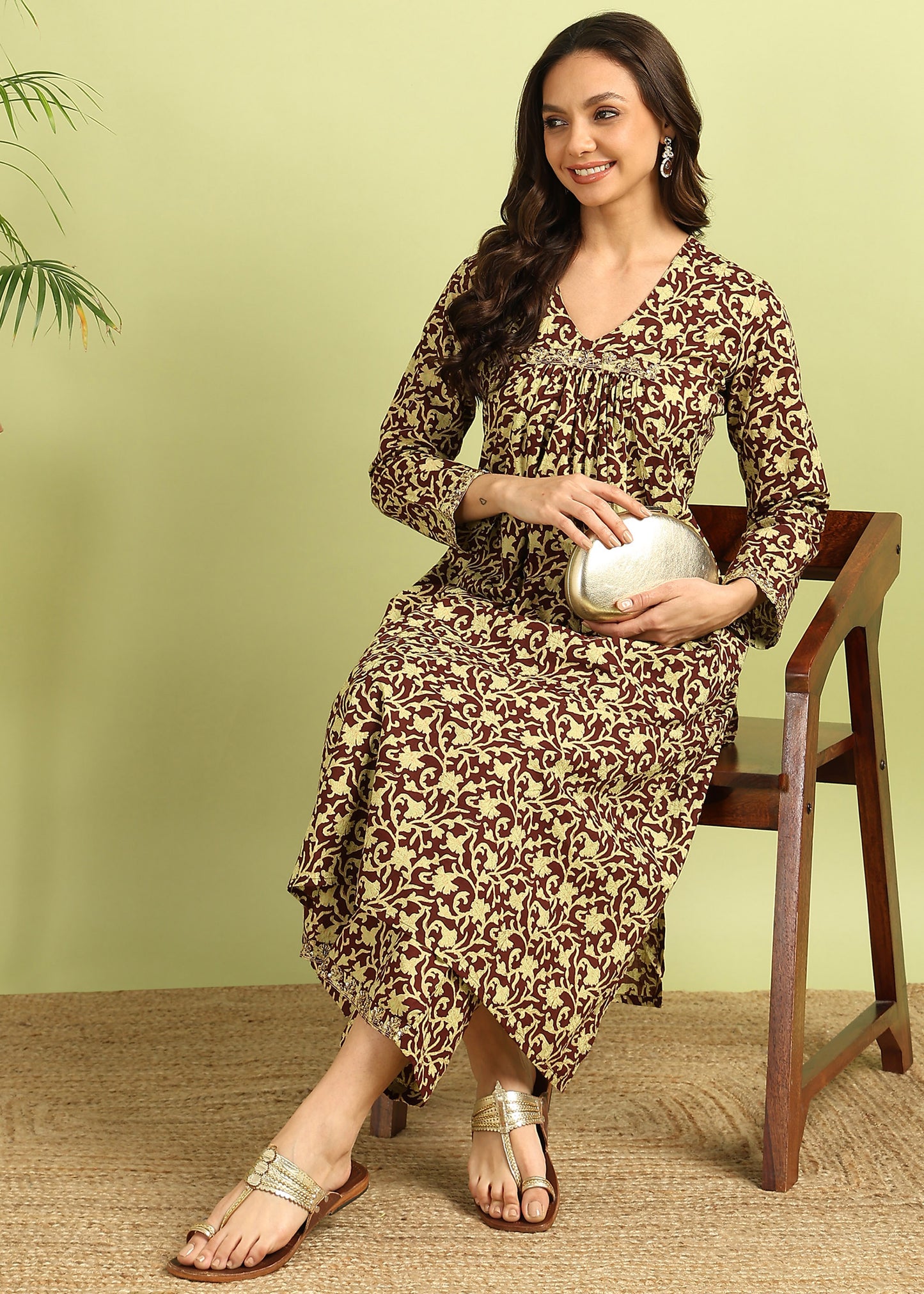 Brown & Yellow Printed Kurta with Palazzo