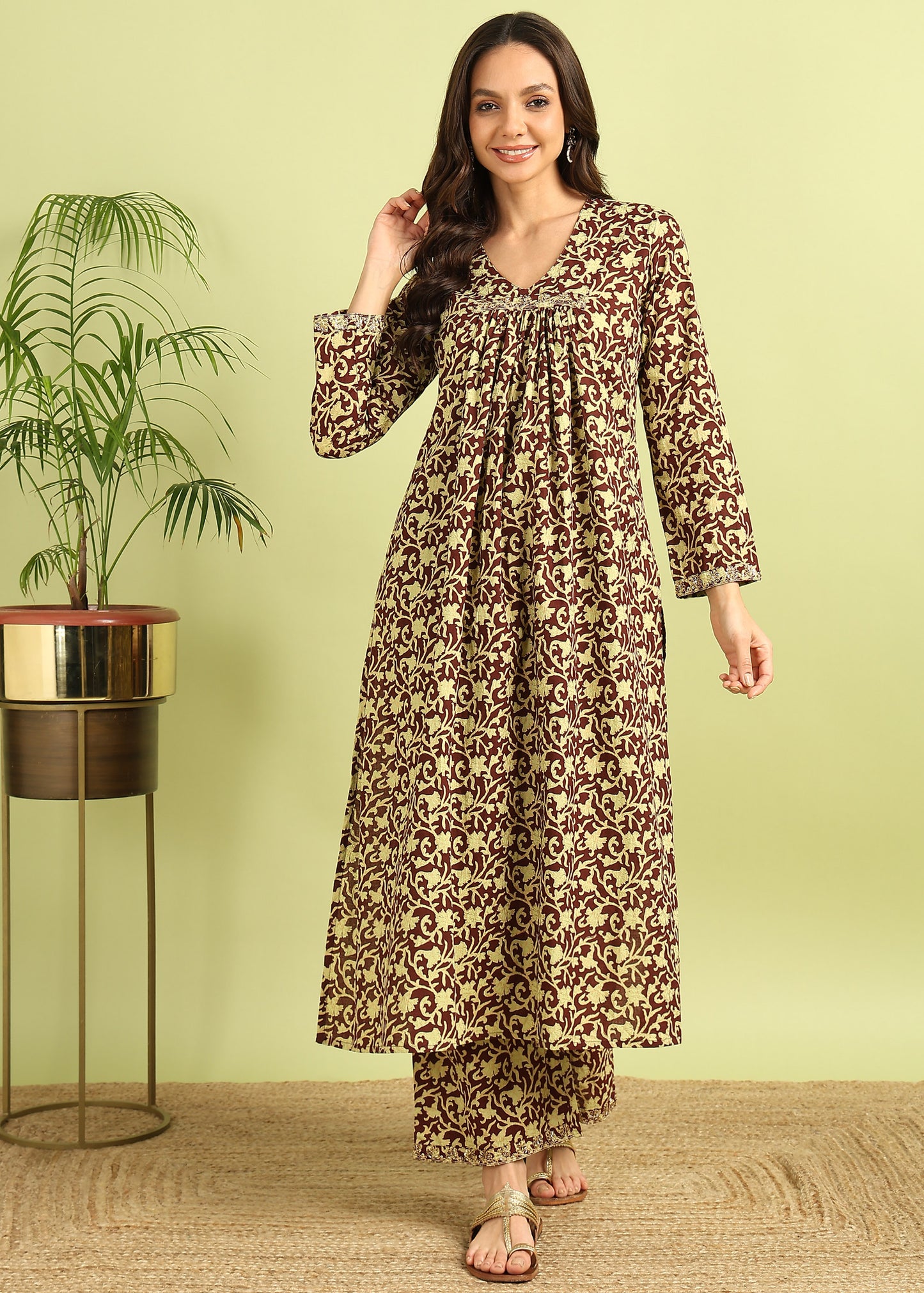 Brown & Yellow Printed Kurta with Palazzo