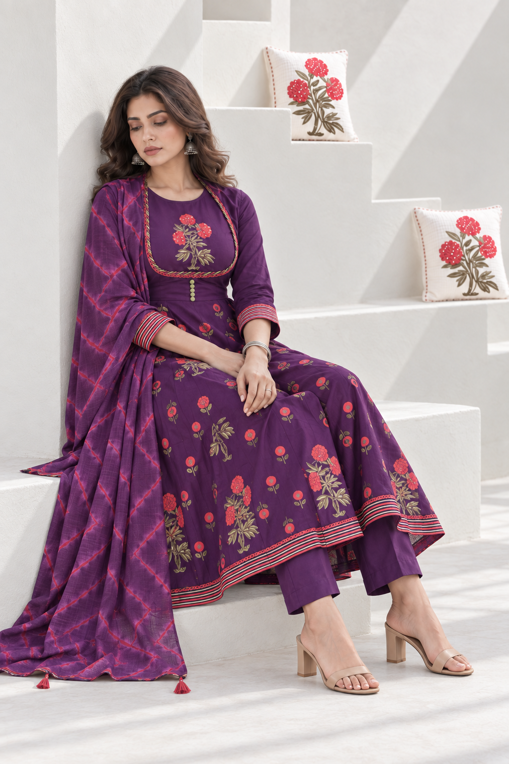 Jamuni Phool Handblock Printed Anarkali with Pant & Dupatta