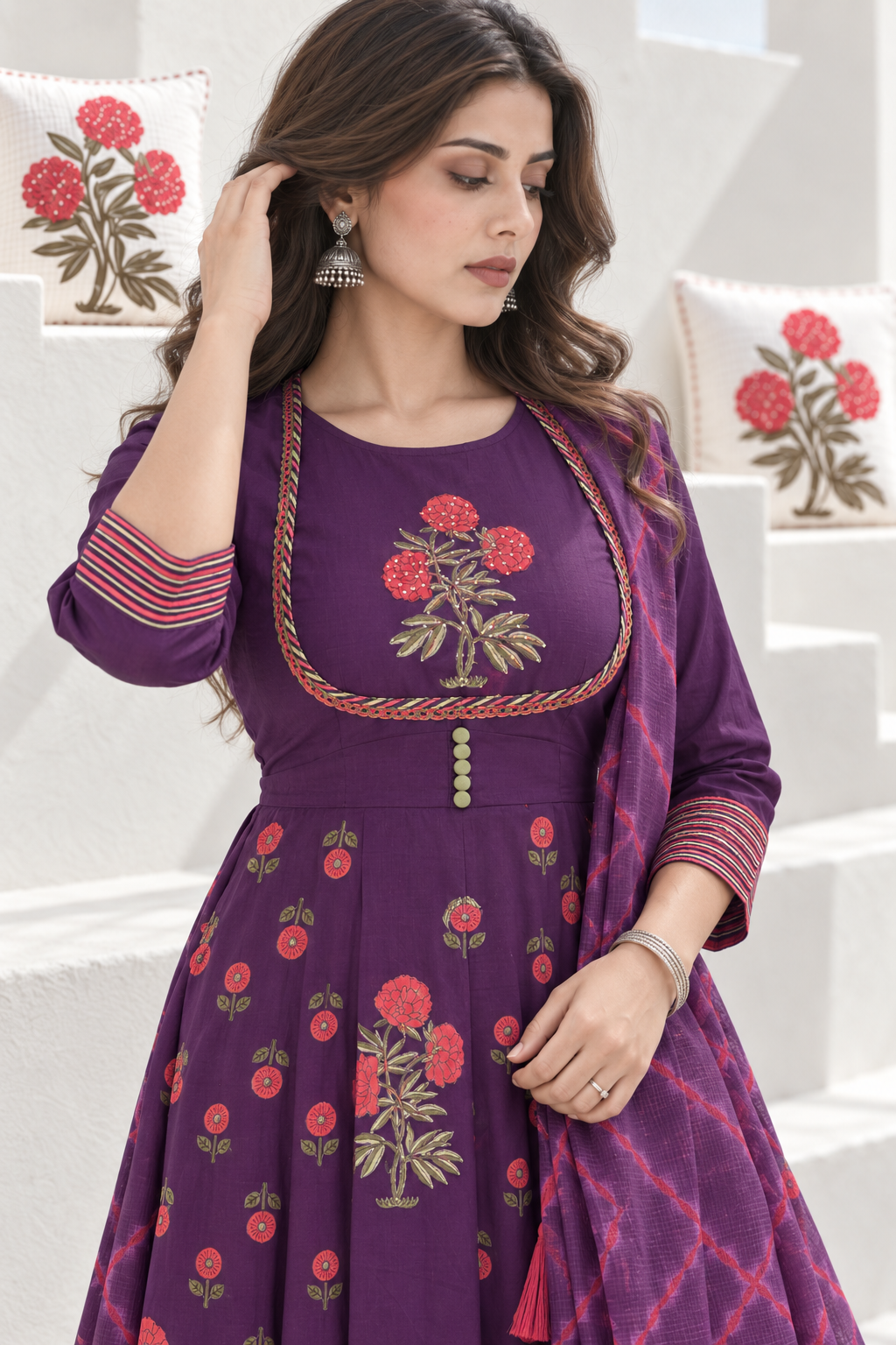 Jamuni Phool Handblock Printed Anarkali with Pant & Dupatta