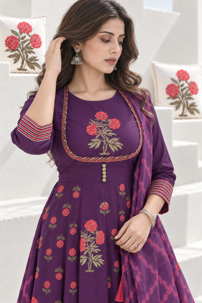 Jamuni Phool Handblock Printed Anarkali with Pant & Dupatta