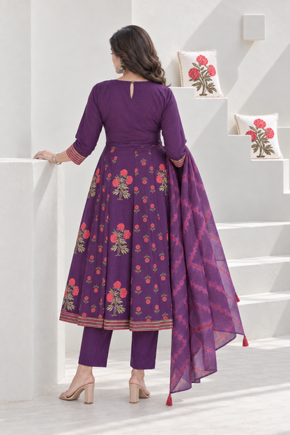 Jamuni Phool Handblock Printed Anarkali with Pant & Dupatta