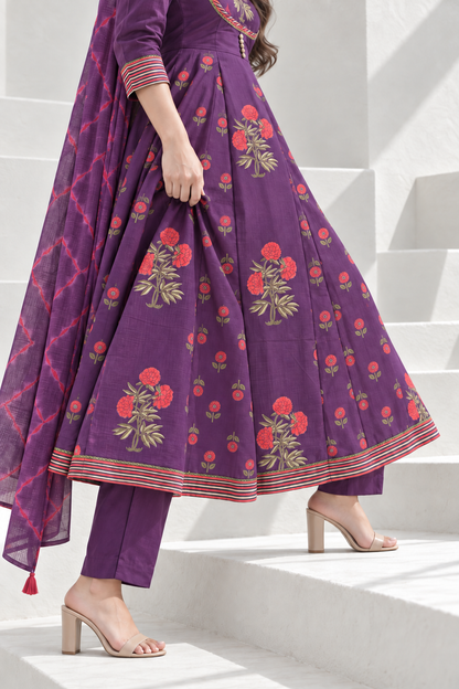 Jamuni Phool Handblock Printed Anarkali with Pant & Dupatta