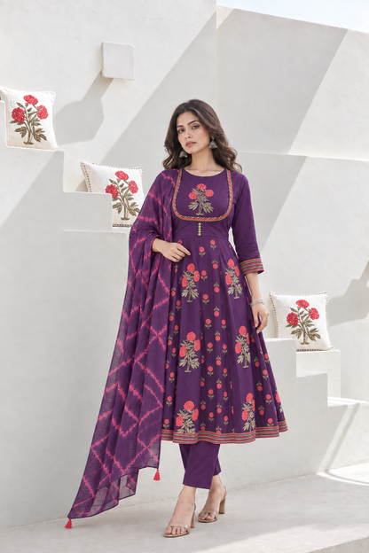 Jamuni Phool Handblock Printed Anarkali with Pant & Dupatta
