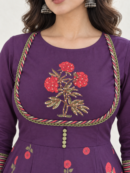 Jamuni Phool Handblock Printed Anarkali with Pant & Dupatta