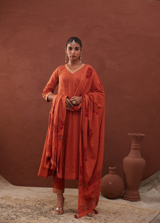 Kesariya phool Anarkali Set with Pant & Dupatta (Comes with inner)