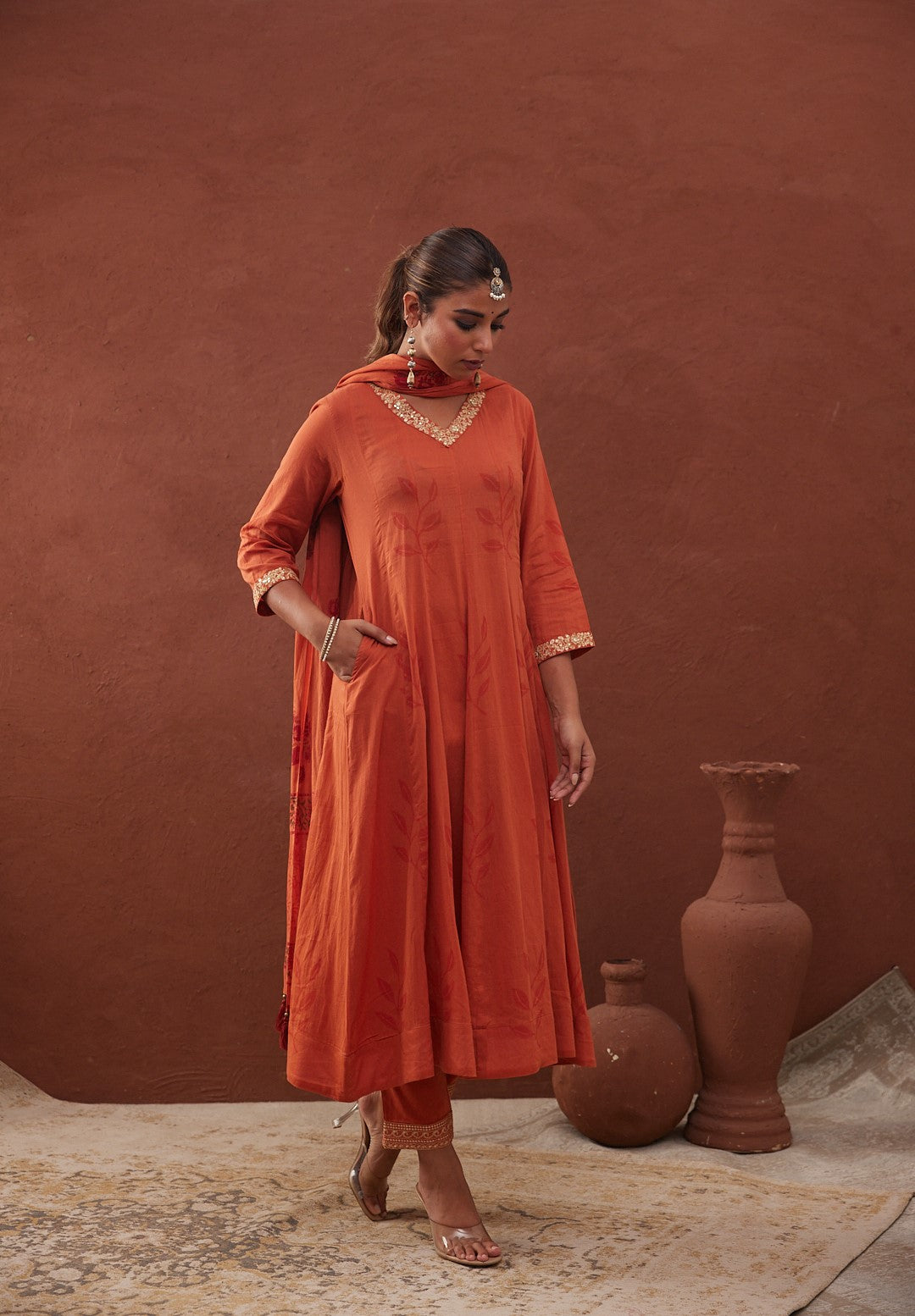 Kesariya phool Anarkali Set with Pant & Dupatta (Comes with inner)