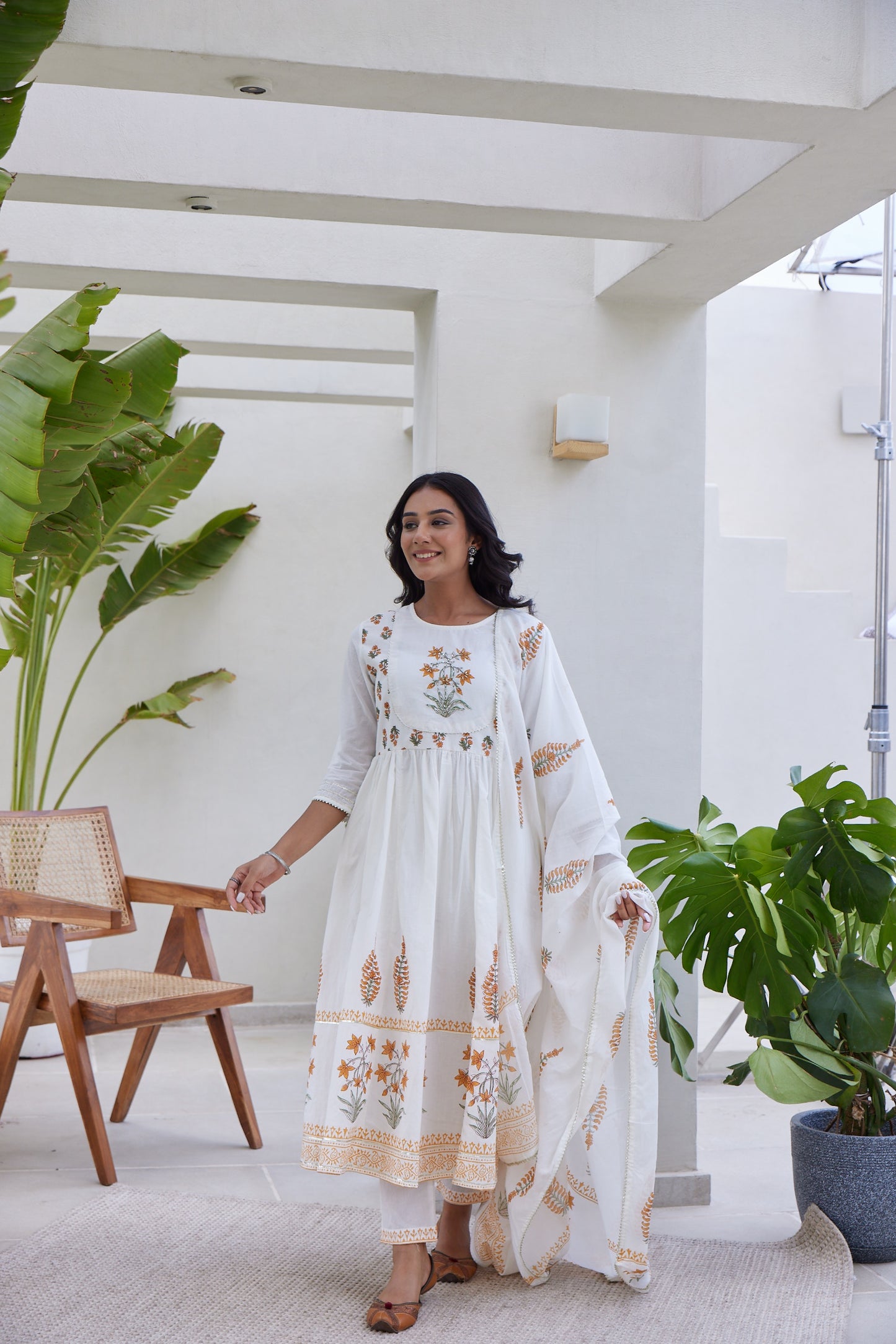 White & Orange Hand Block Printed Anarkali Set