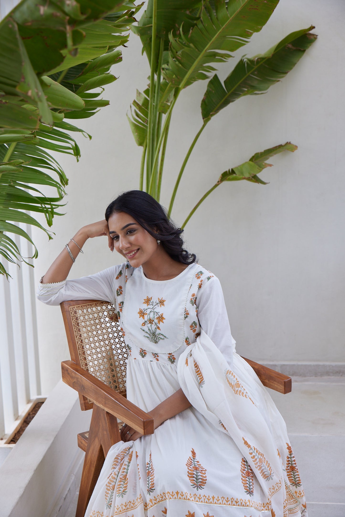 White & Orange Hand Block Printed Anarkali Set