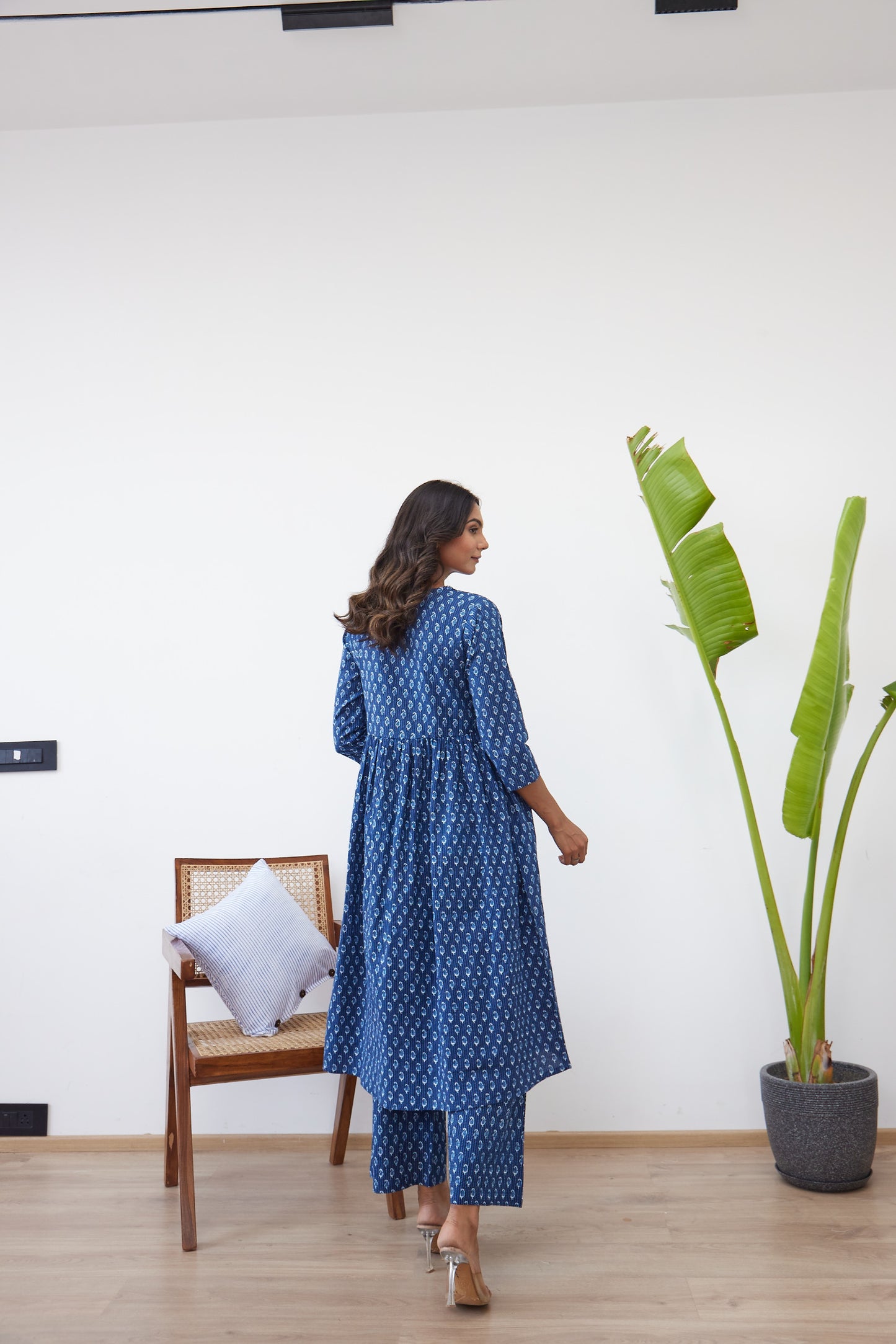 Sapphire Blue Ethnic Print Striped Anarkali with Palazzo