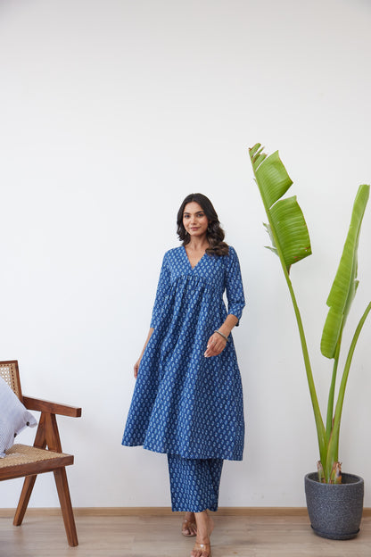 Sapphire Blue Ethnic Print Striped Anarkali with Palazzo