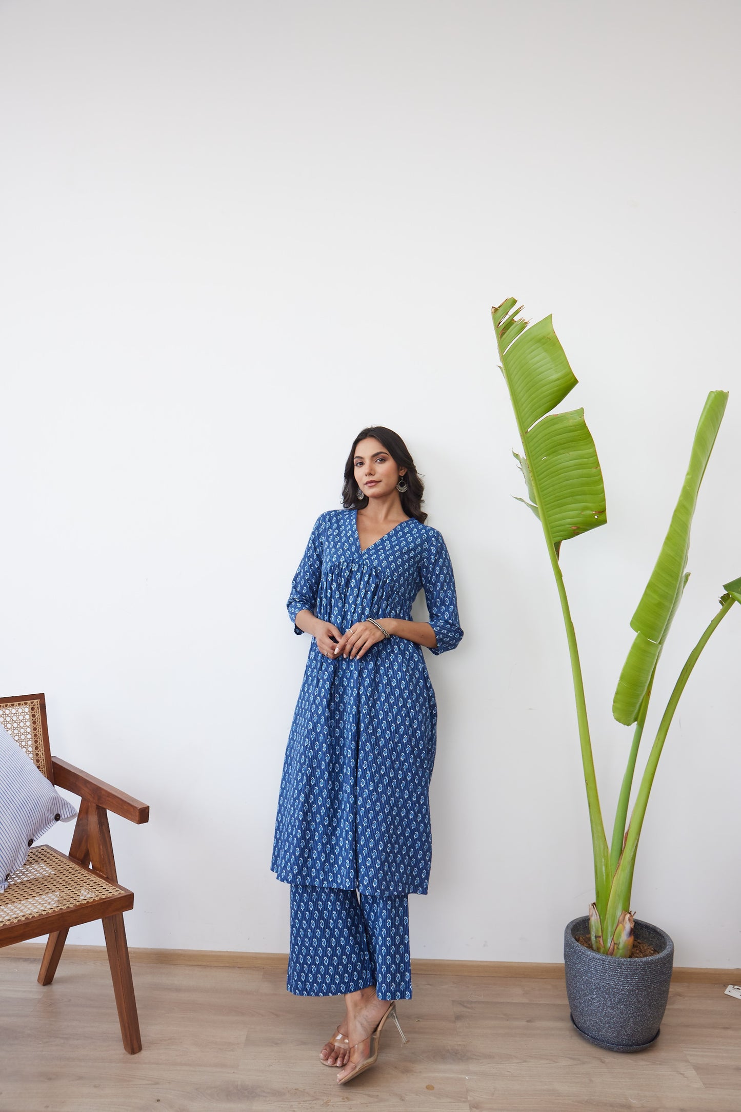 Sapphire Blue Ethnic Print Striped Anarkali with Palazzo