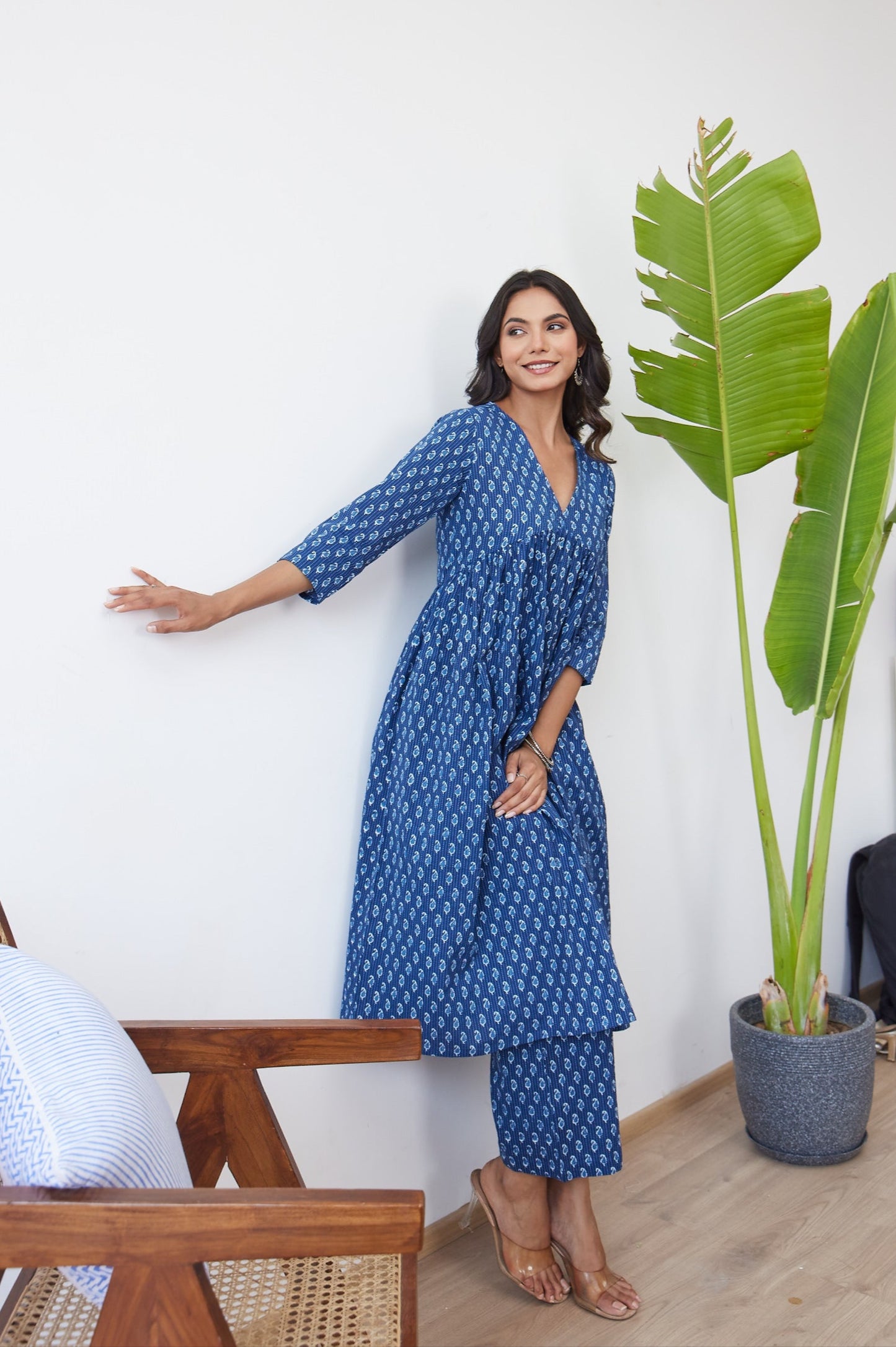 Sapphire Blue Ethnic Print Striped Anarkali with Palazzo