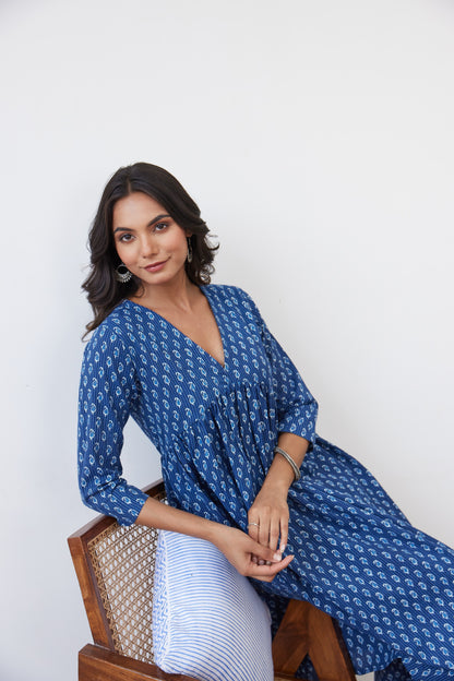Sapphire Blue Ethnic Print Striped Anarkali with Palazzo