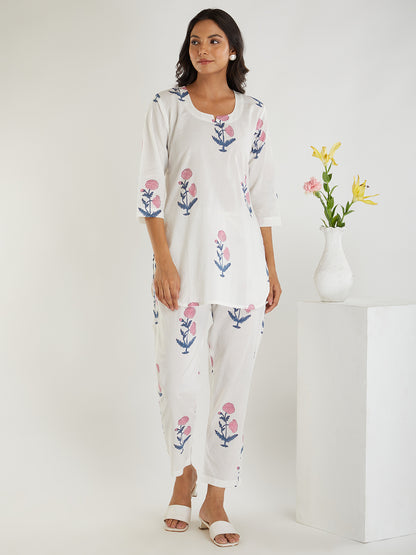 Hans White Hand Block Printed Jaipuri Co-ord Set