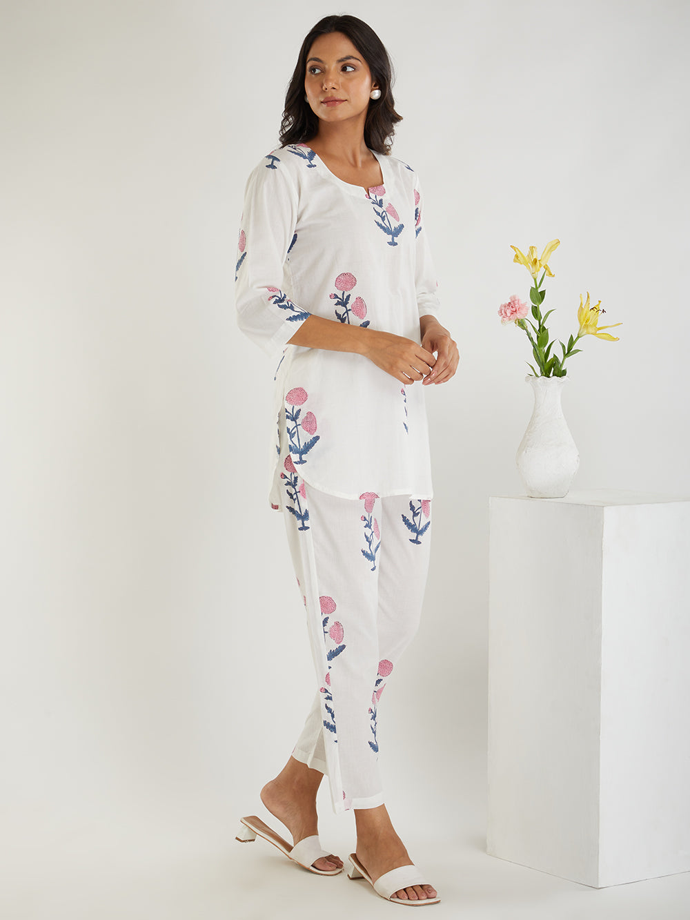 Hans White Hand Block Printed Jaipuri Co-ord Set