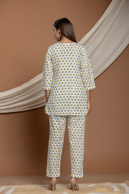 Yellow Sunflower Block Printed Cotton Co-ord Set