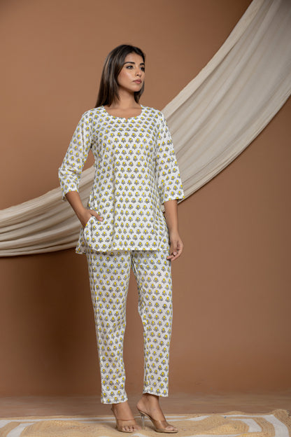 Yellow Sunflower Block Printed Cotton Co-ord Set