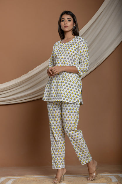 Yellow Sunflower Block Printed Cotton Co-ord Set