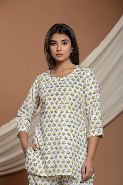 Yellow Sunflower Block Printed Cotton Co-ord Set
